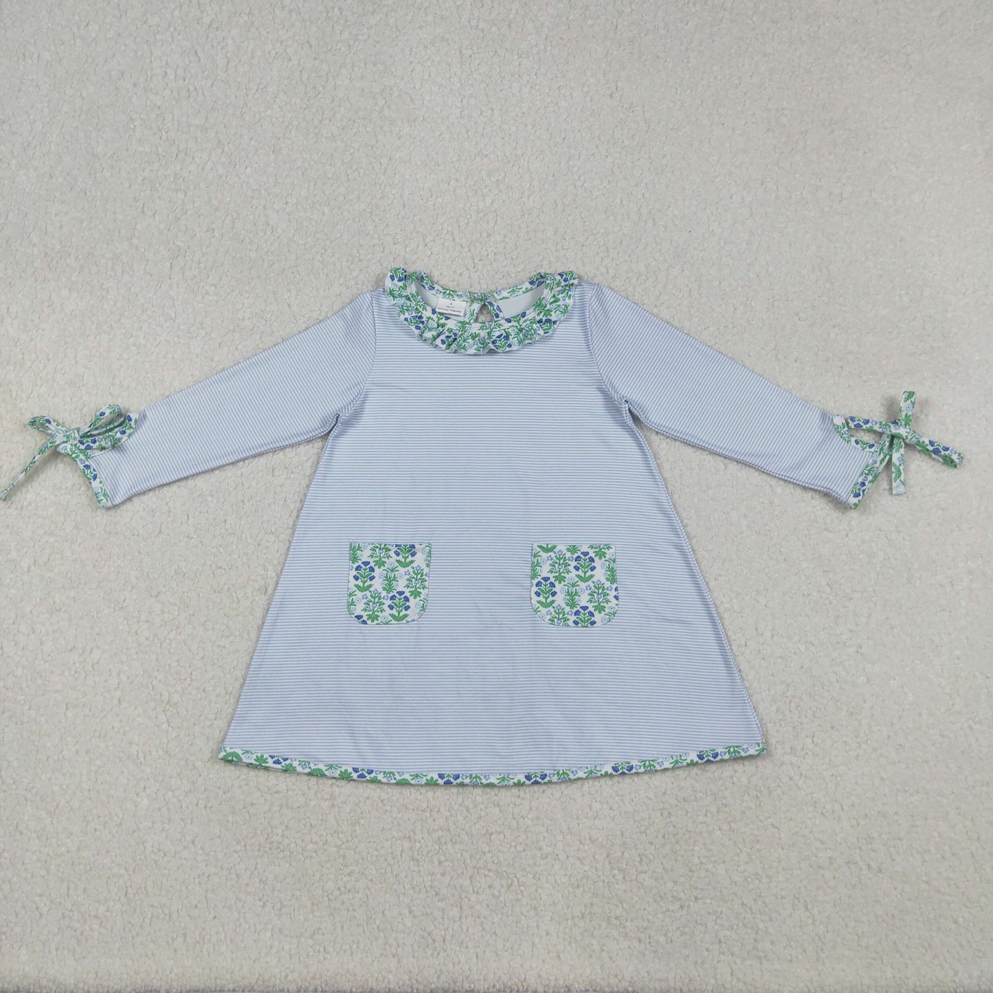 GLD0927 baby Girls blue stripe green pocket floral Dress