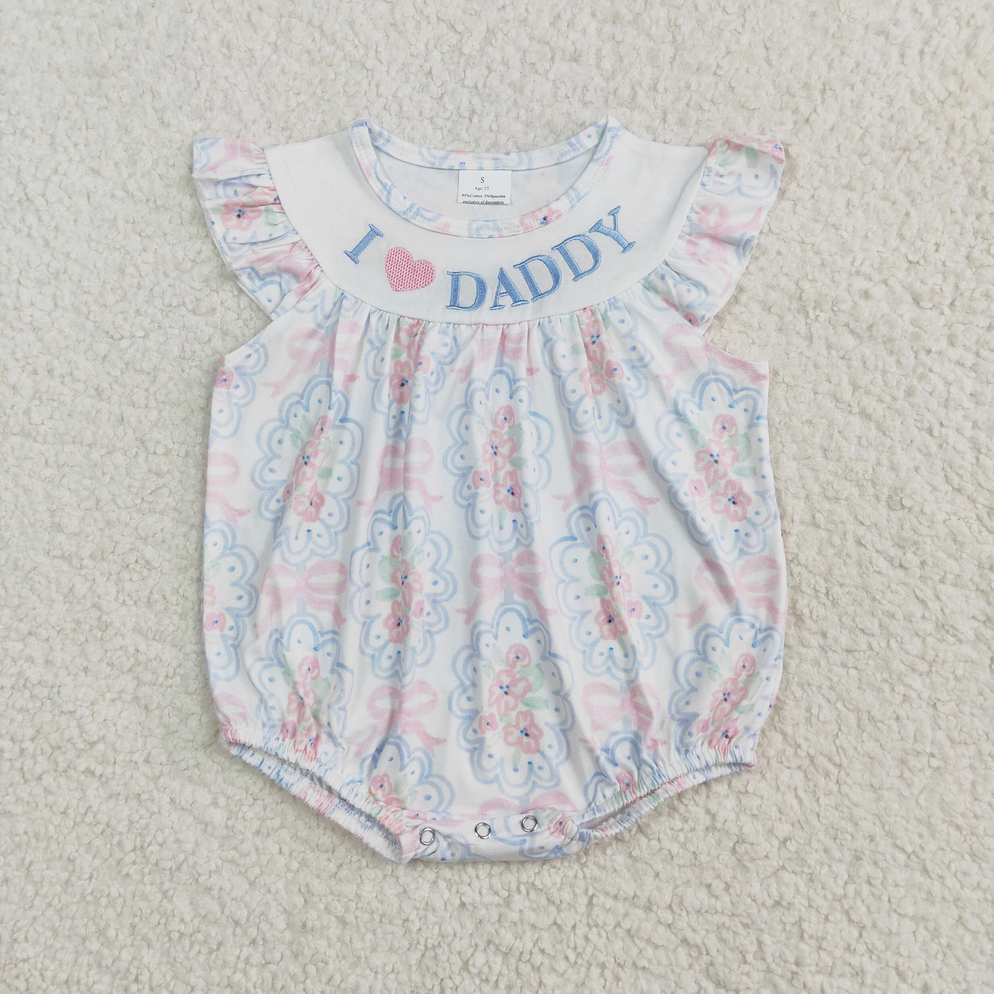 SR2946 Baby girls I LOVE DADDY flower bow romper embroidery