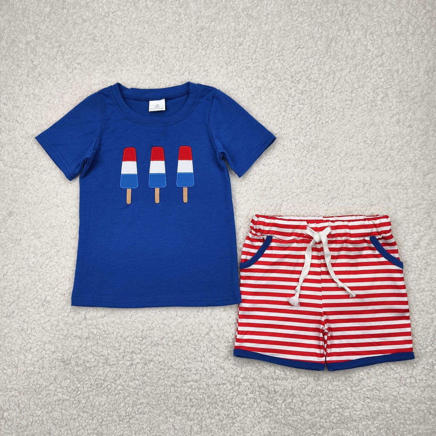 BSSO1250 Boys July Fourth blue short sleeve red stripe outfits embroidery