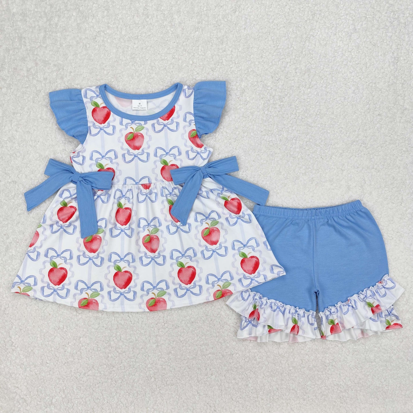 GSSO2114 girls blue flying sleeve bow apple short outfits