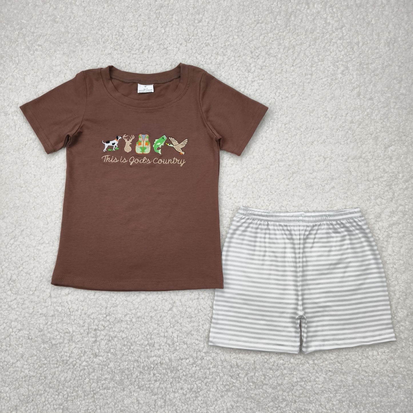 BSSO1410 Boys brown short sleeve stripe shorts outfits embroidery