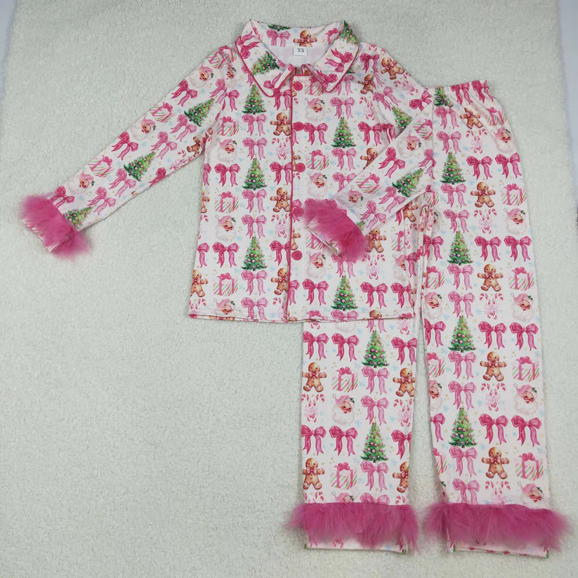 Family Matching Adult Baby girls Santa bow rose furry clothing pajamas