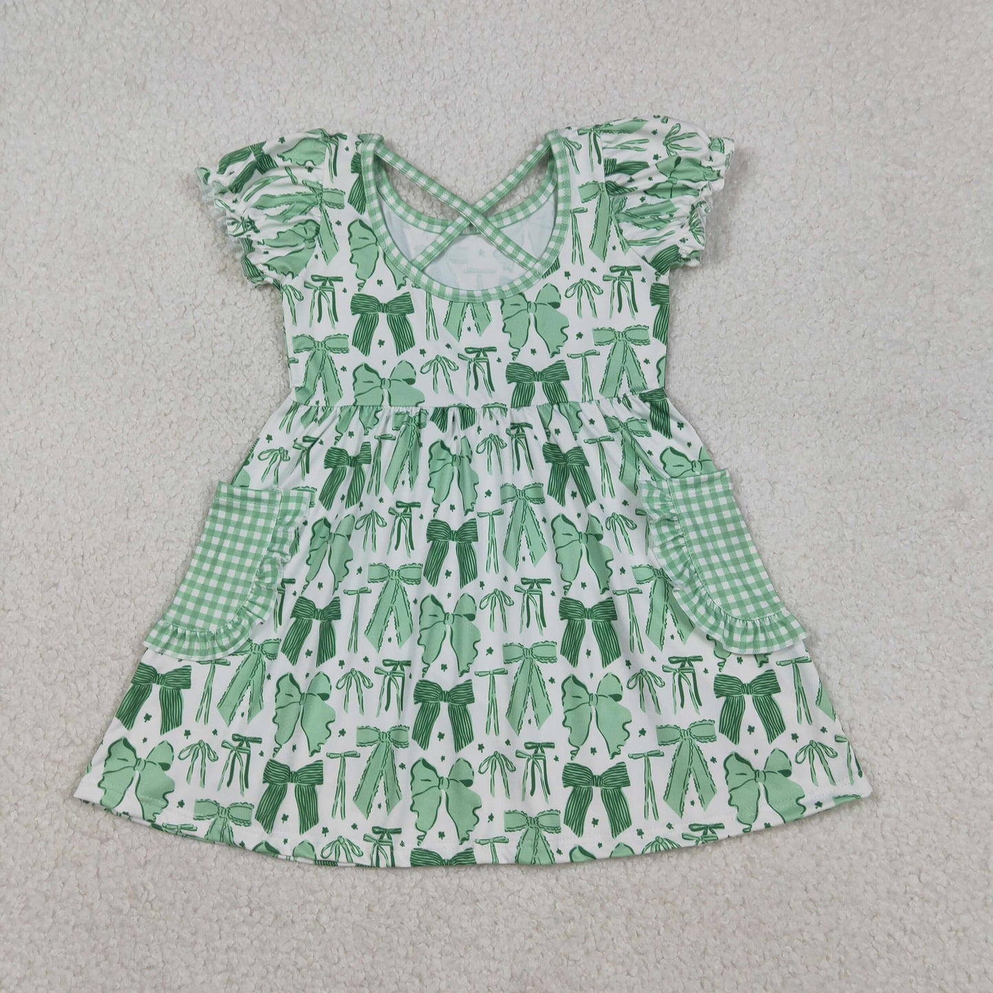 GSD2903 Baby Girls St Patrick's Day green bow puff sleeve pocket dress