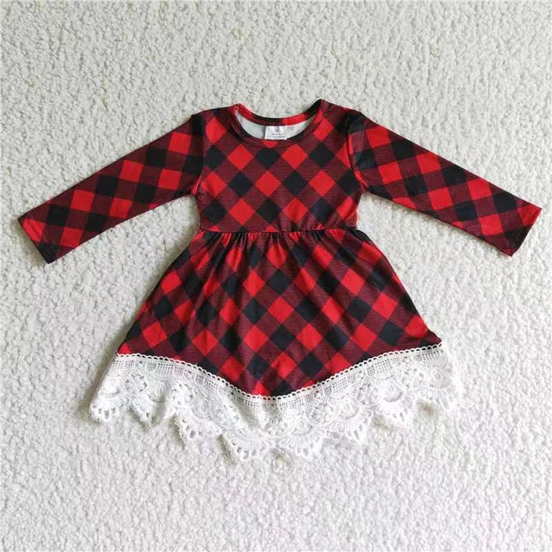 Matching Baby girls Christmas long sleeve checkered lace dress