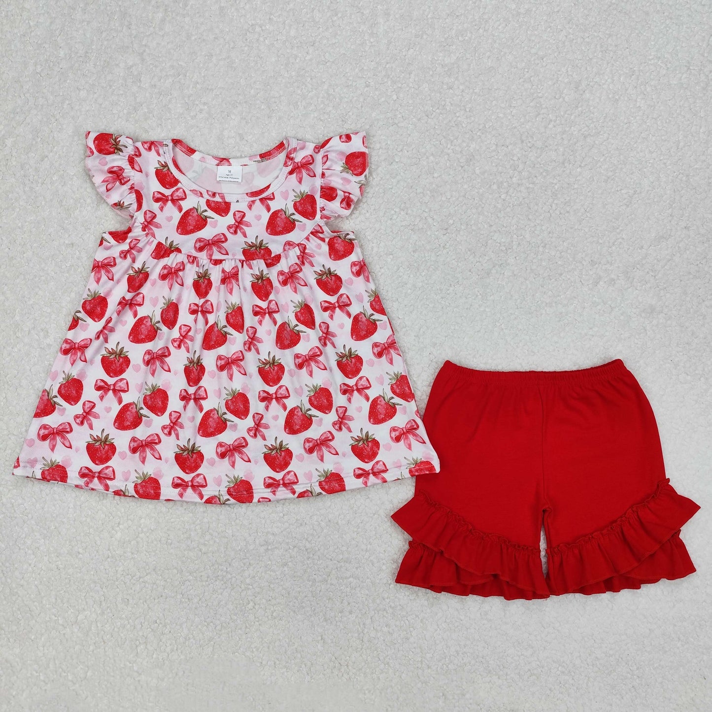 GSSO1902 girls red flying Strawberry sleeve shorts outfits