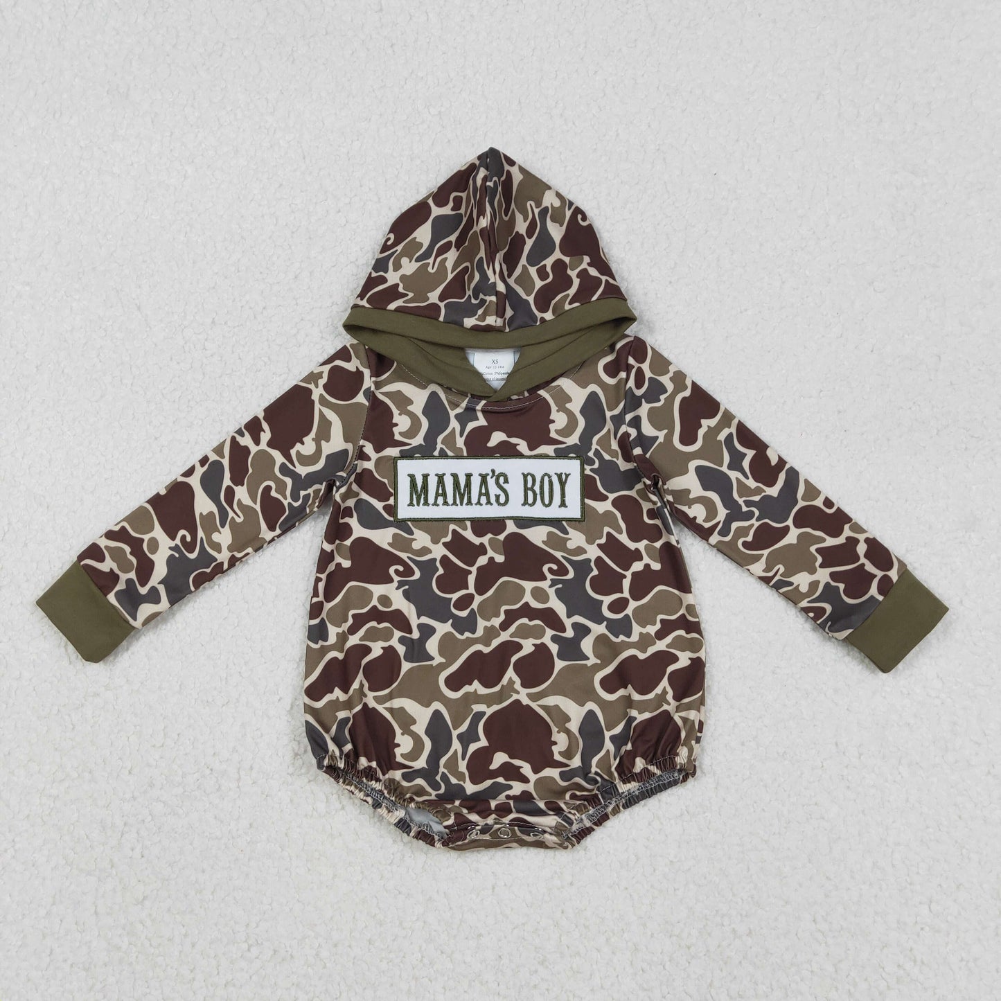 LR2791 baby boys MAMA's BOY camo long sleeves hooded romper embroidery