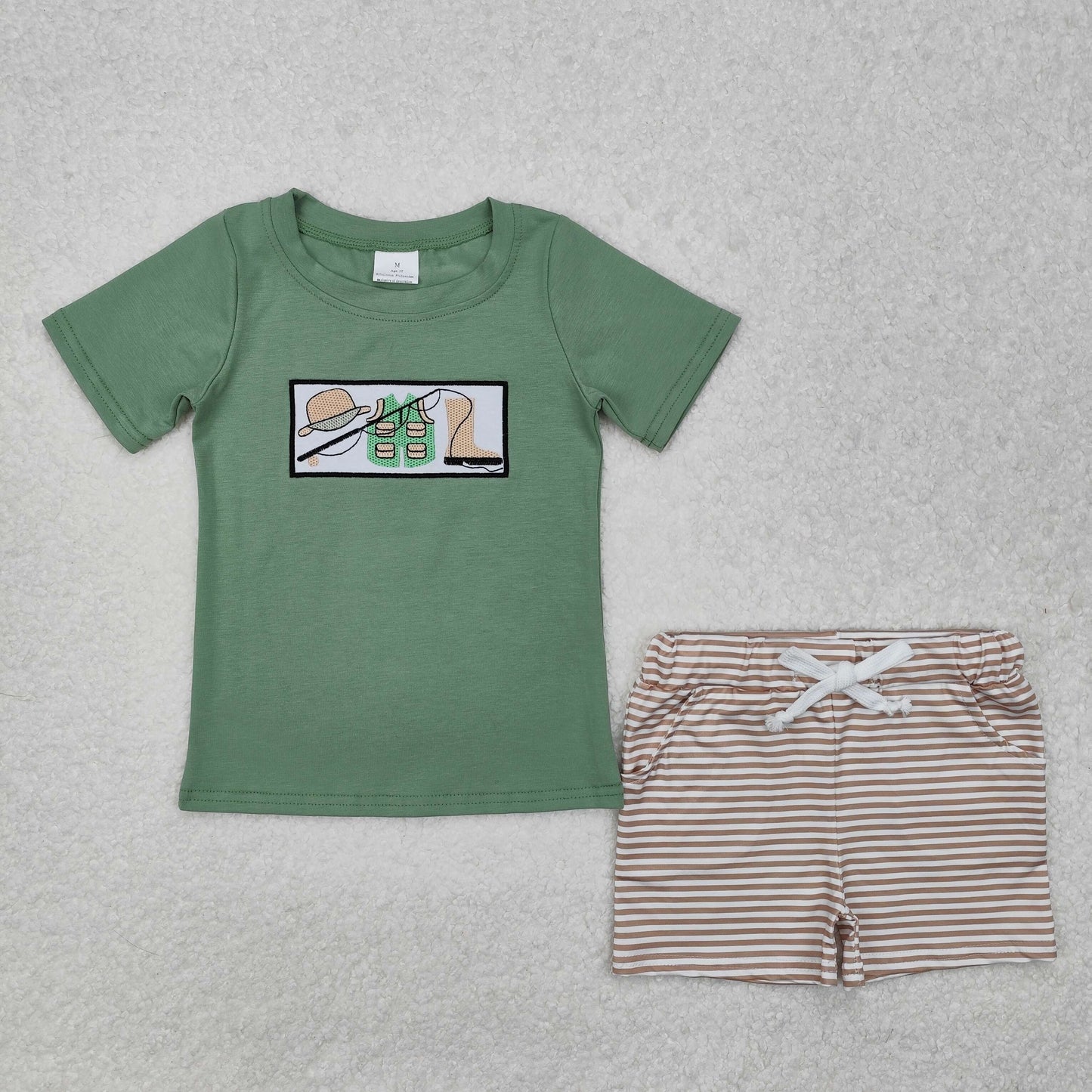 BSSO1154 Boys green fishing stripe shorts Outfits embroidery