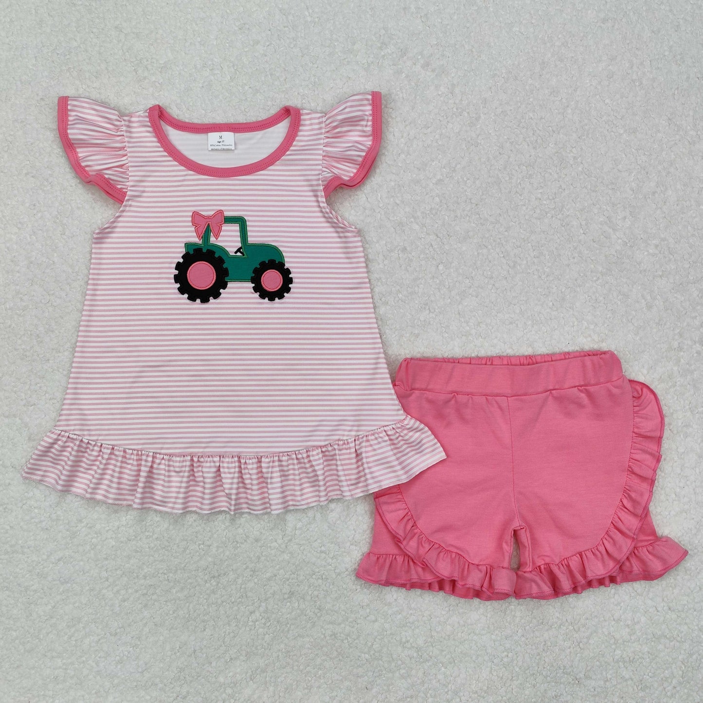 GSSO1757 girls tractor stripe pink flying sleeve shorts outfits embroidery