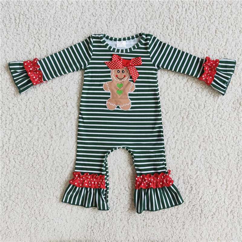 Matching Baby girls boys Christmas Gingerbread stripe romper outfits long sleeves embroidery