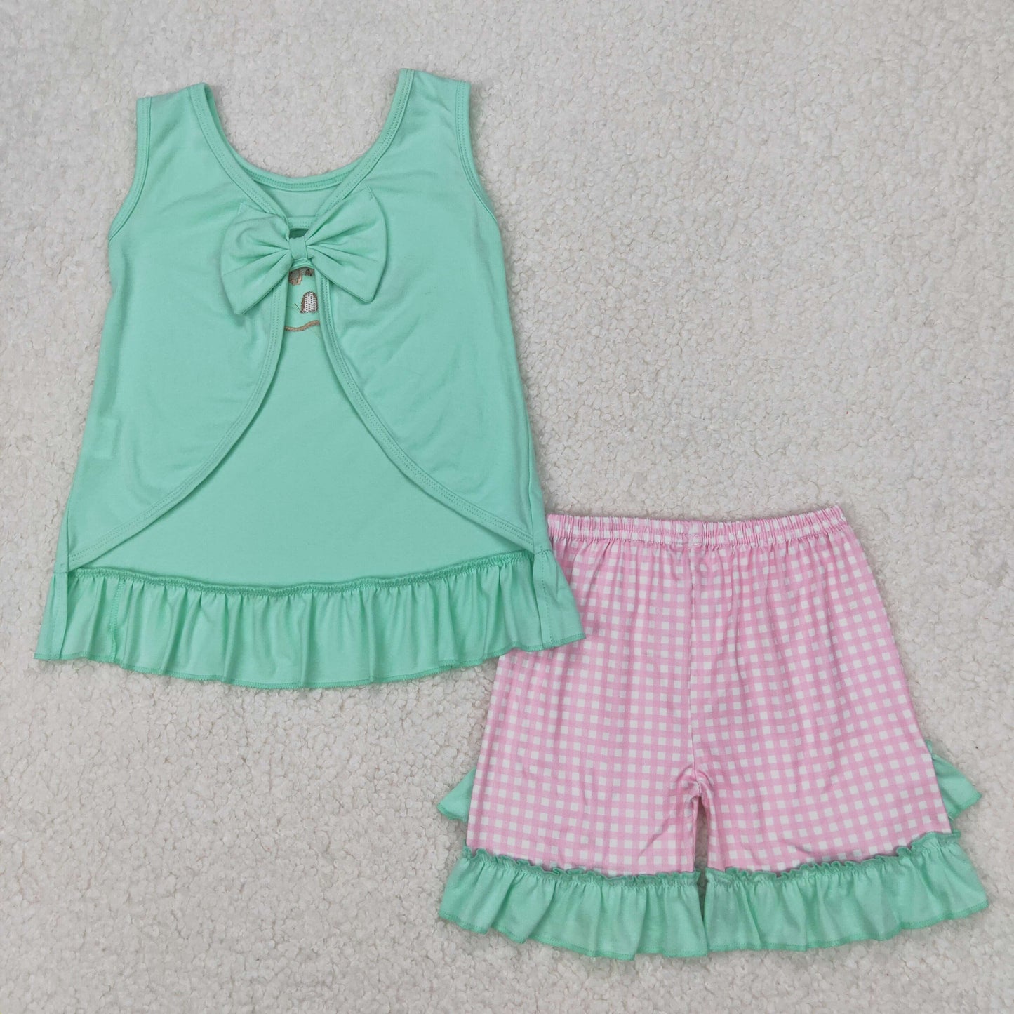 GSSO1983 girls sleeveless vest bow cyan floral pink checkered shorts outfits embroidery