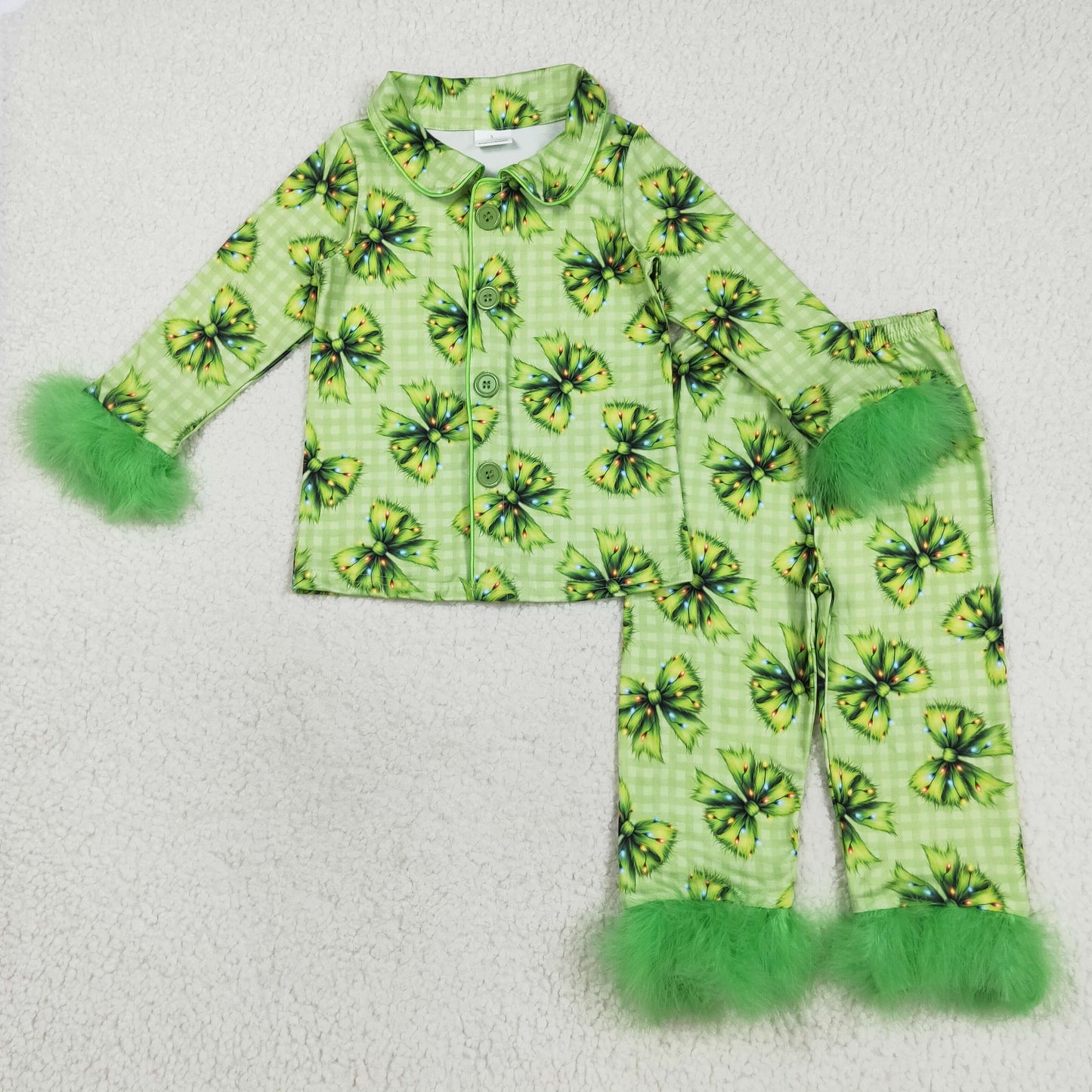 GLP2581 baby Girls green bow Furry pajamas