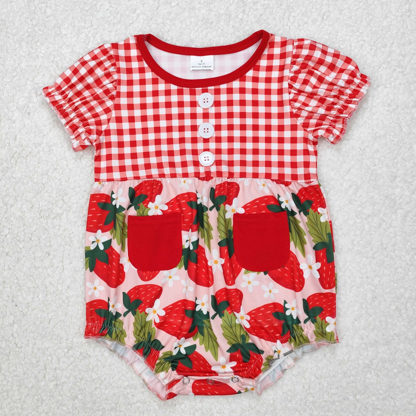 SR2307 Baby Girls puff sleeve plaid Strawberry pocket romper