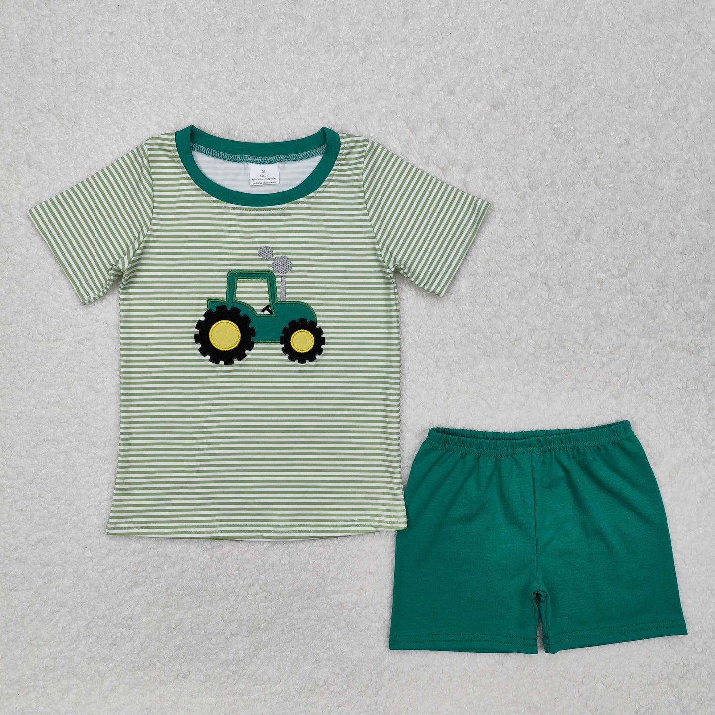BSSO1184 Boys green stripe tractor shorts outfits embroidery