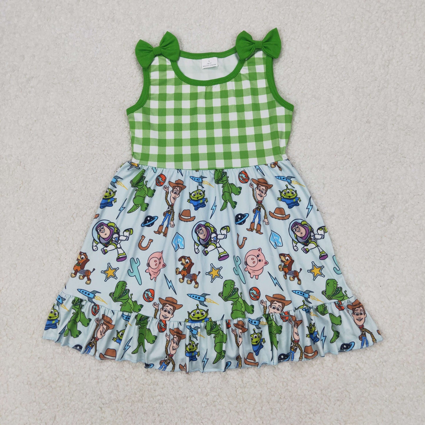 GSD2107 girls green checkered bow sleeveless toy Dress