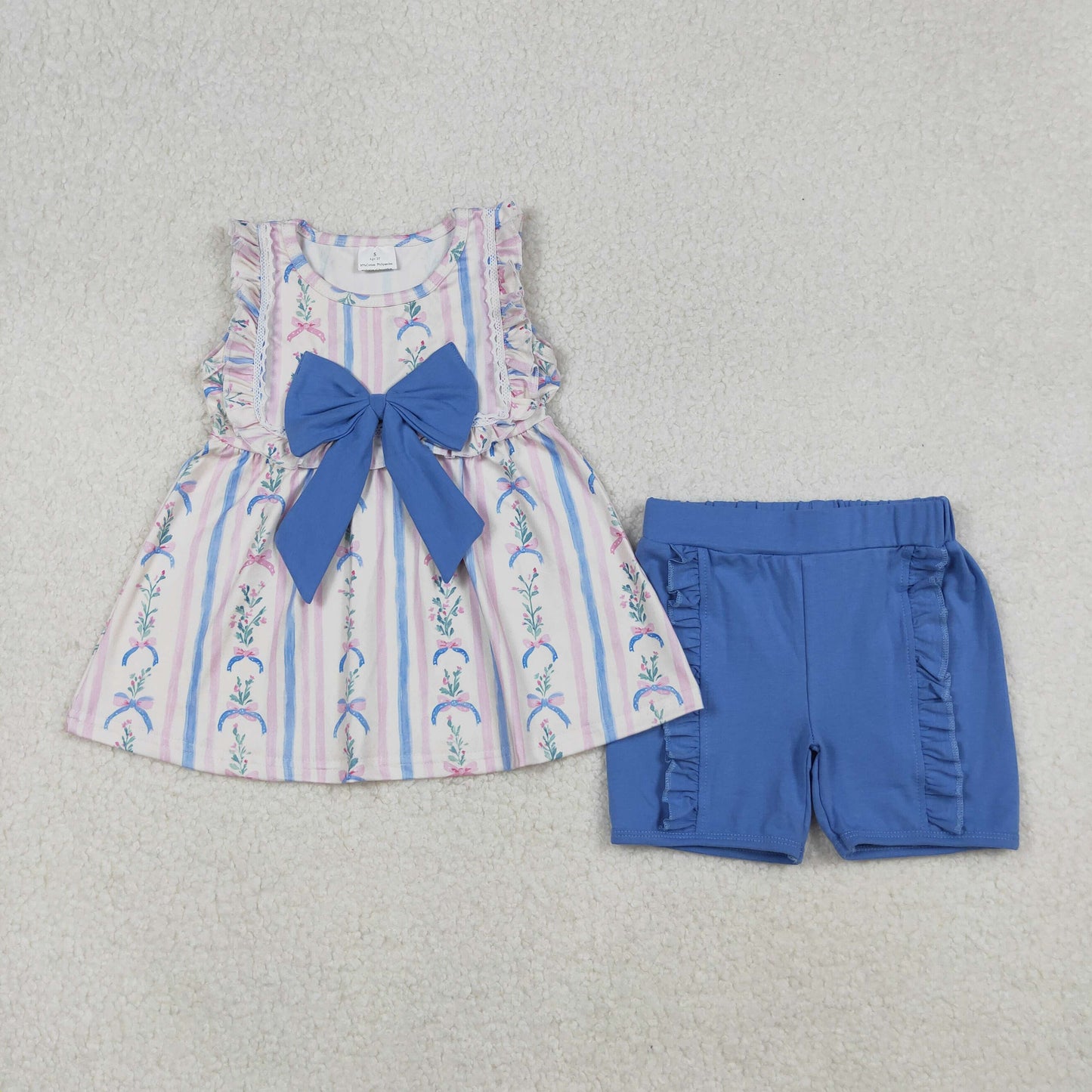 GSSO2533 baby girls sleeveless stripe bow blue shorts outfits