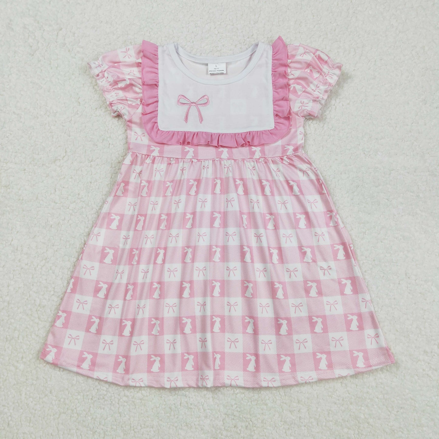 GSD1578 baby Girls puff sleeve pink bow bunny Dress embroidery