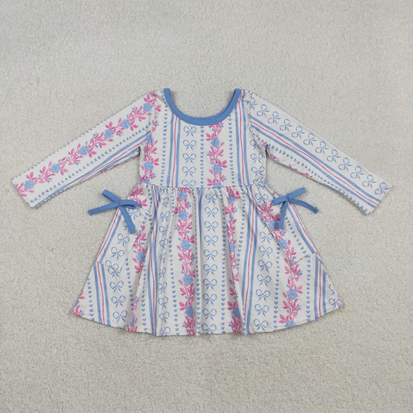 GLD1427 Baby Girls bow strip pocket long sleeve dress