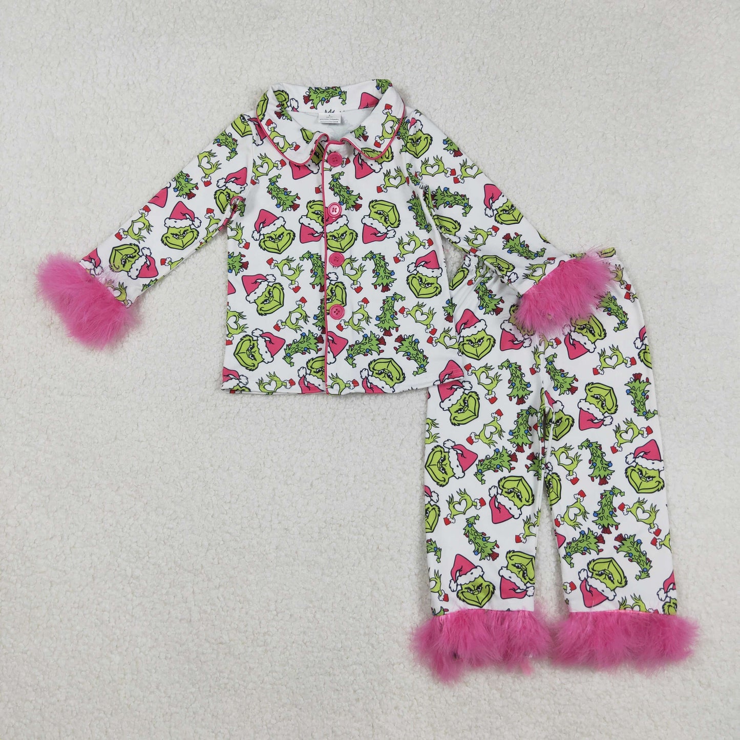 GLP2647 baby girls Christmas green button rose furry pajamas