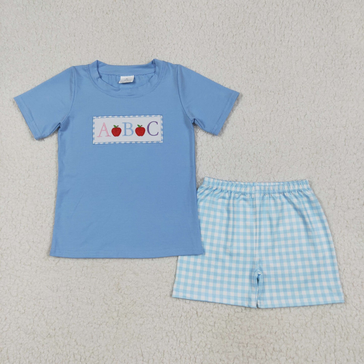 BSSO1331 Boys Back To School A B C blue checkered shorts outfits embroidery