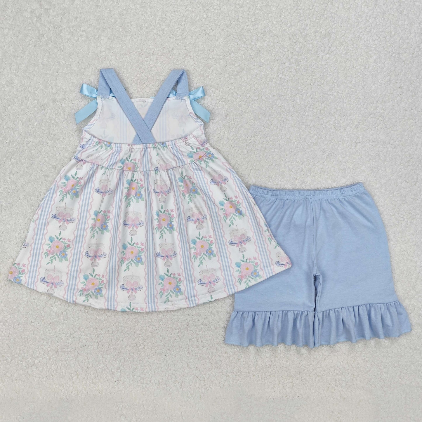 GSSO2087 girls flower bow blue shorts outfits