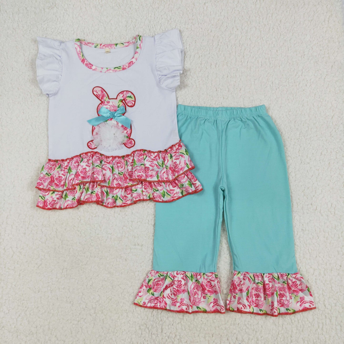 A9-1 Girls Easter white flying sleeve red bunny long Pants outfits embroidery