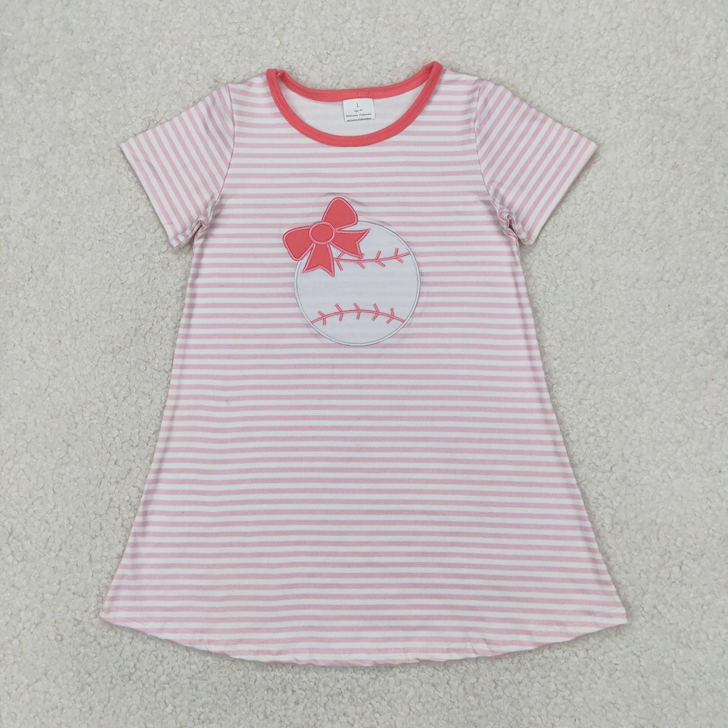 GSD2221 girls pink stripe short sleeve baseball bow Dress embroidery