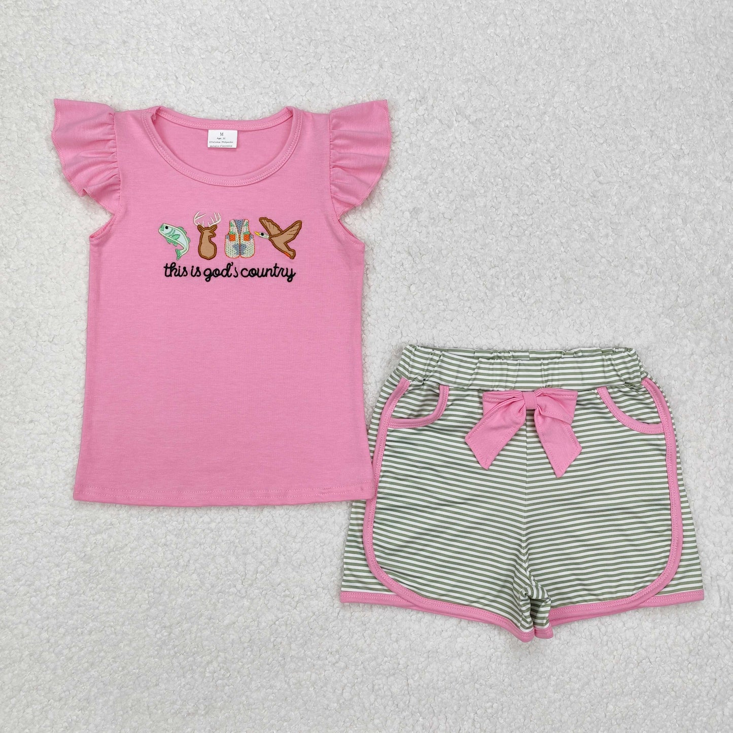 GSSO1614 Girls pink flying sleeve duck shorts outfit embroidery