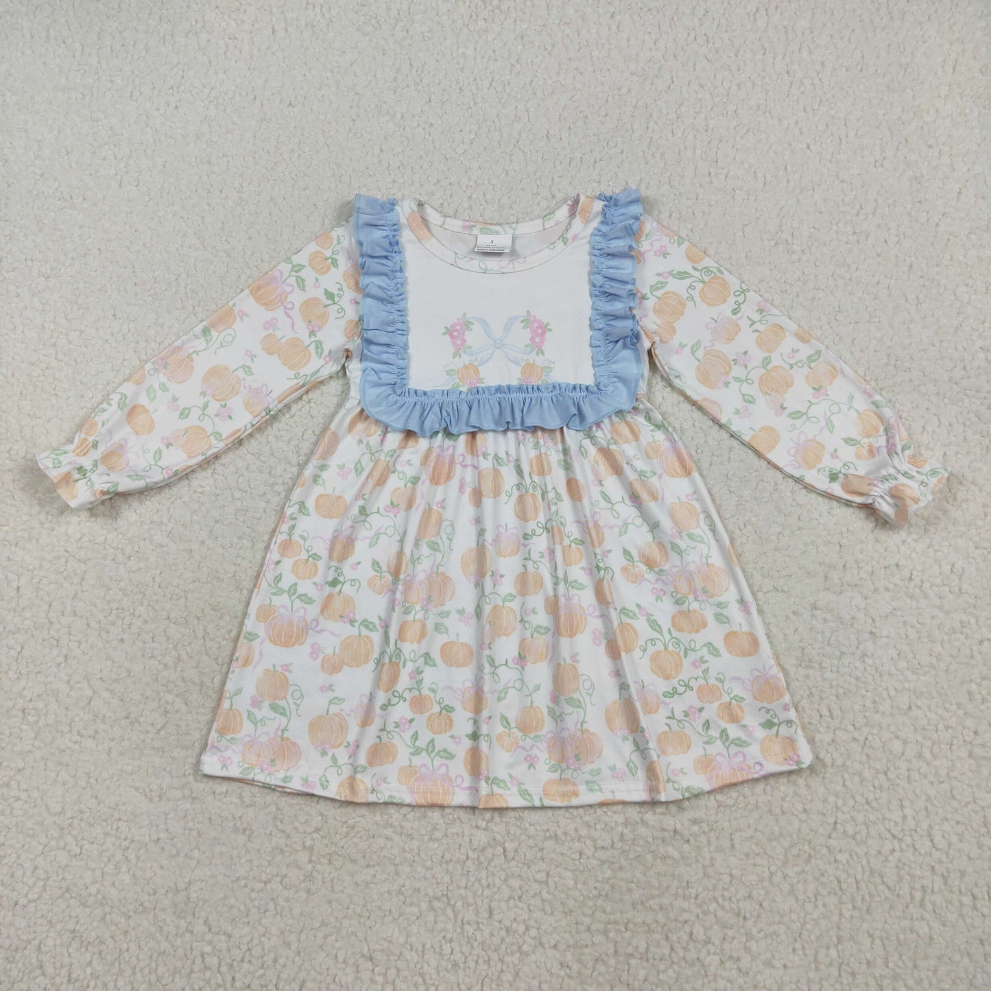 GLD1084 baby girls pumpkin bow long sleeve blue floral orange dress