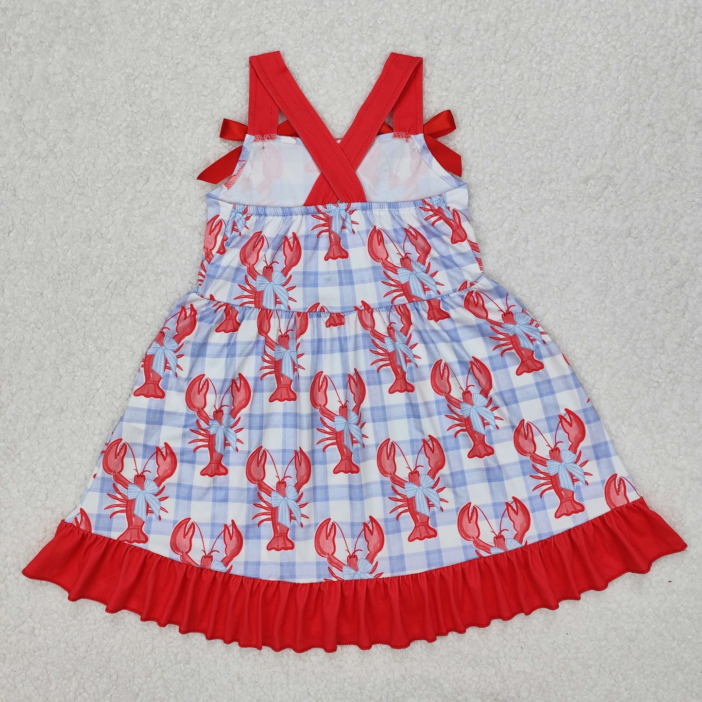 GSD1968 girls crayfish blue checkered red bow Dress