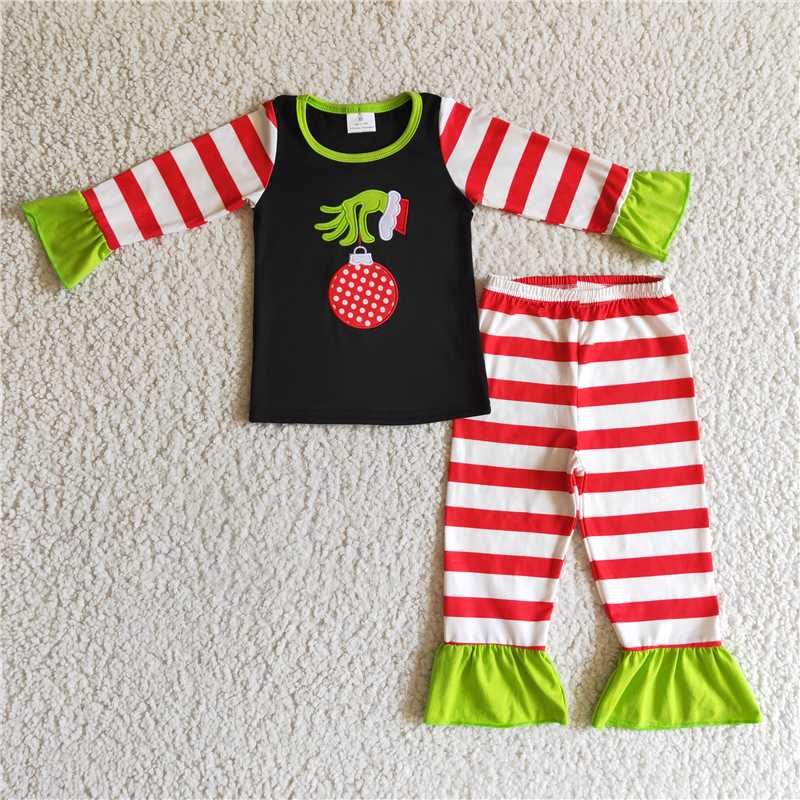 Matching Baby girls boys Christmas cartoon red stripe pajamas embroidery