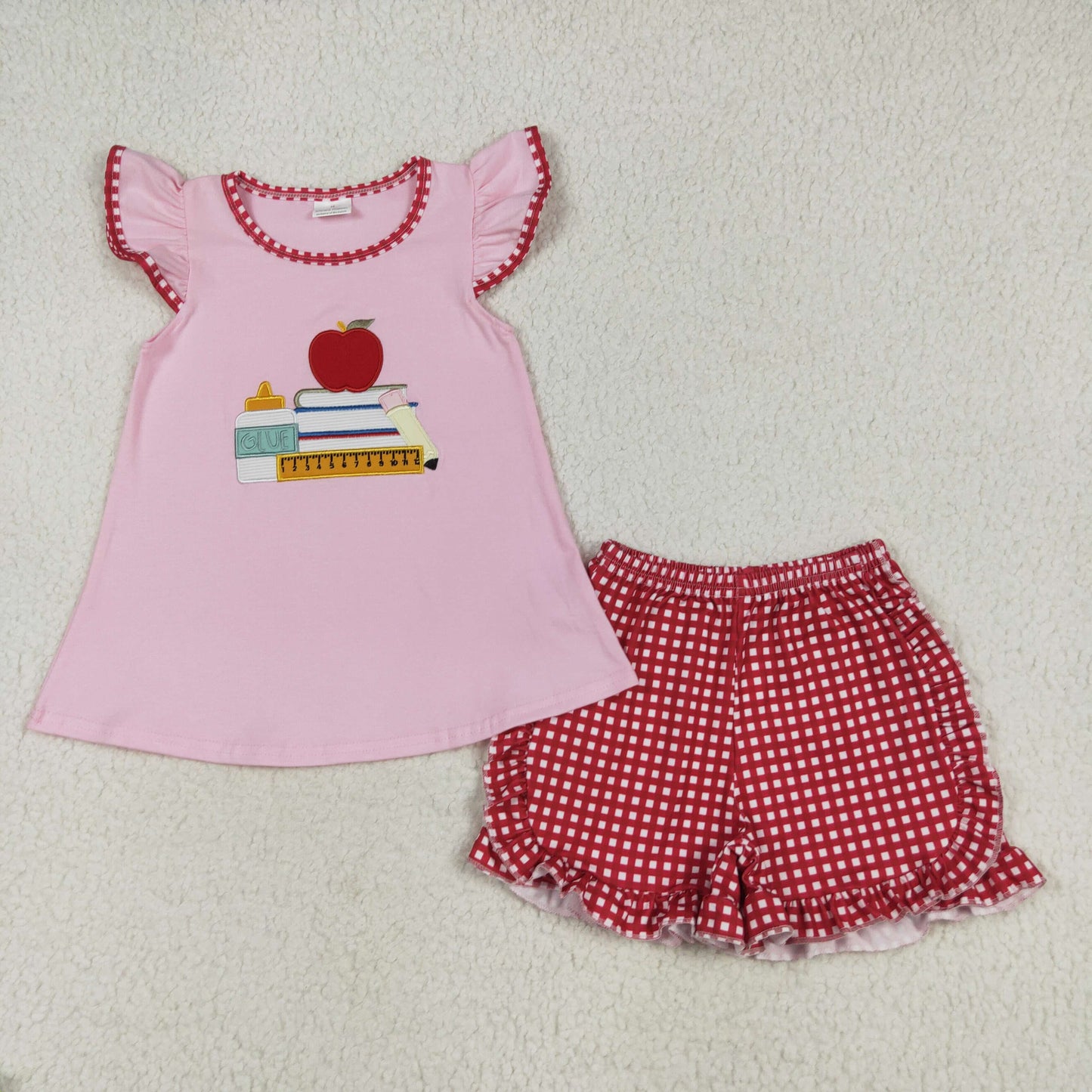 GSSO2069 girls Back To School book apple red checkered outfits embroidery