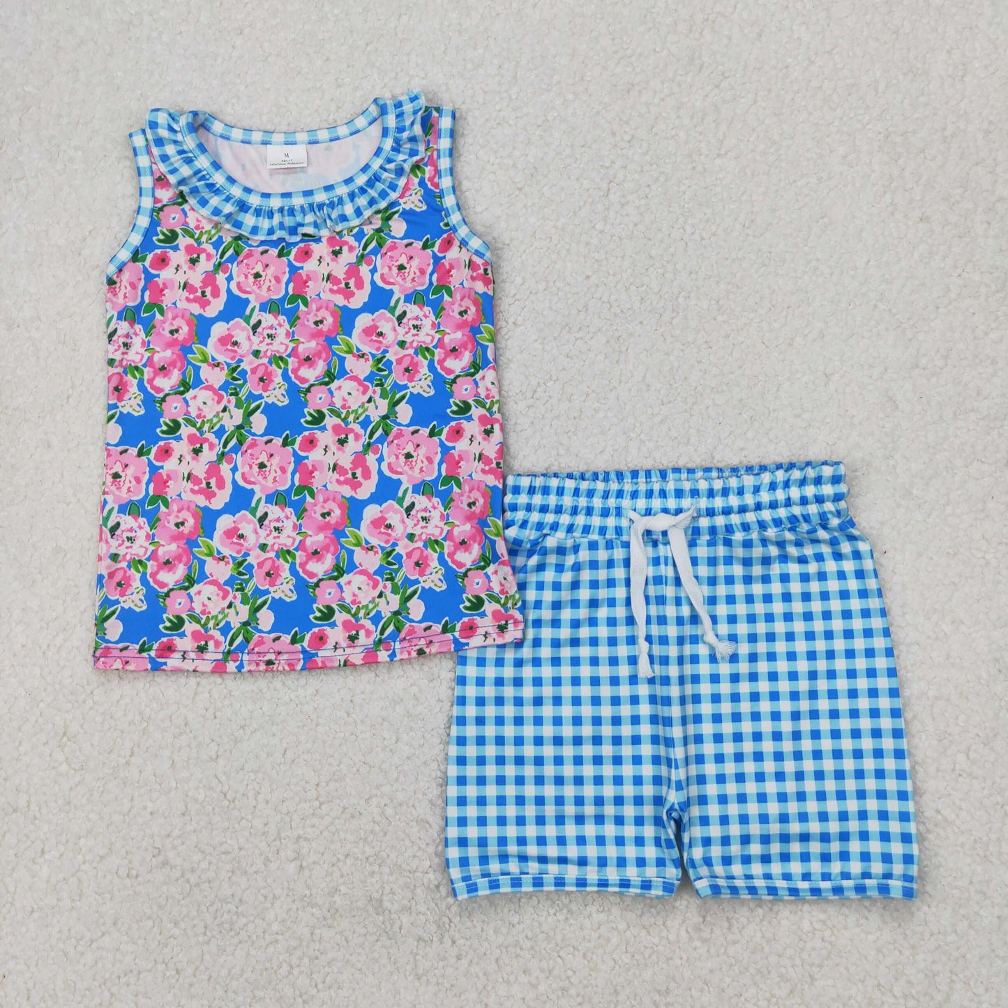 GSSO2414 baby girls sleeveless flower blue checkered shorts outfits