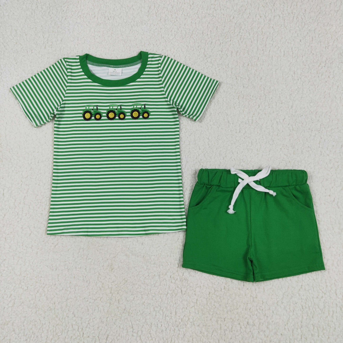 BSSO1374 Boys tractor stripe green shorts outfits embroidered