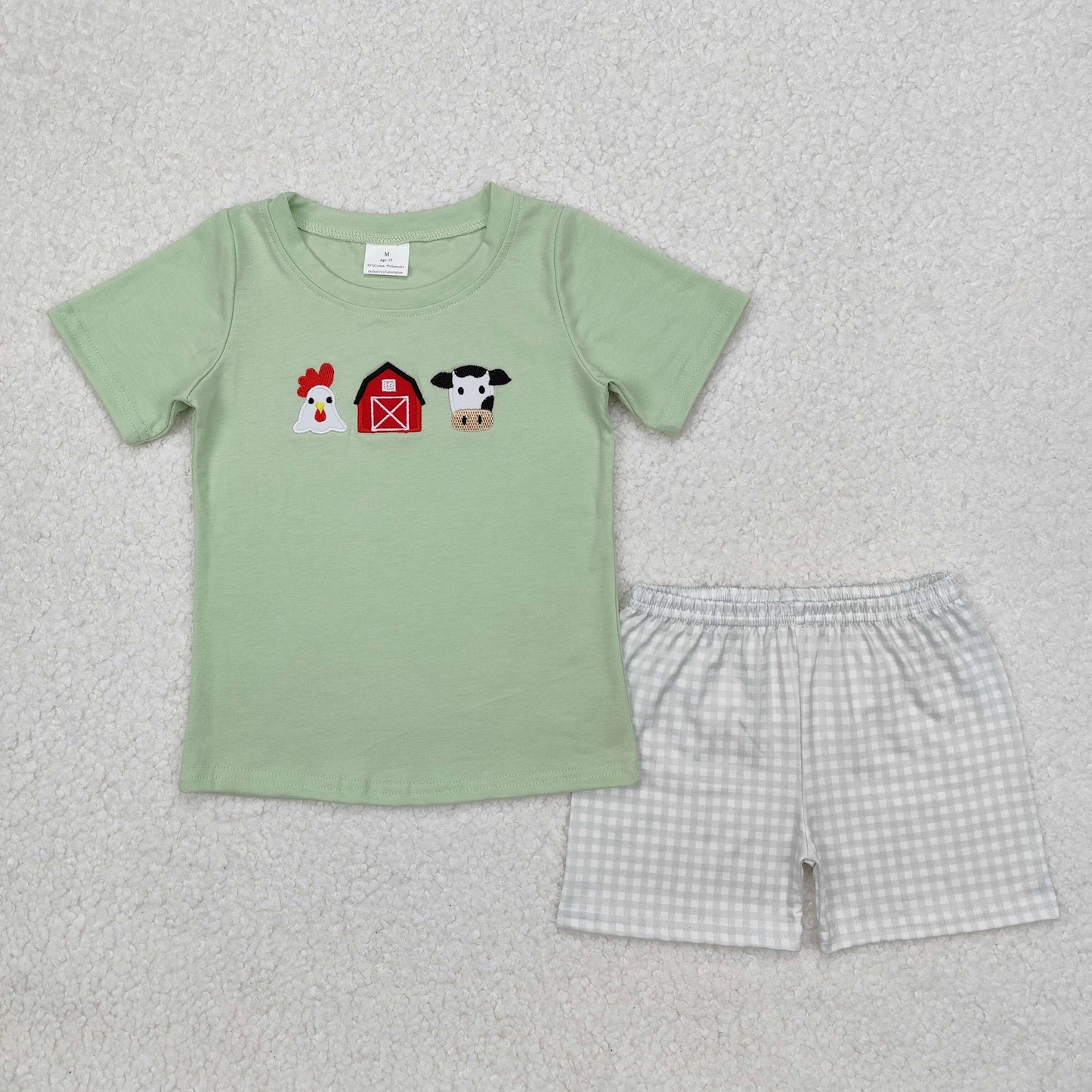 BSSO1067 Boys green cow chicken house plaid shorts outfits embroidery