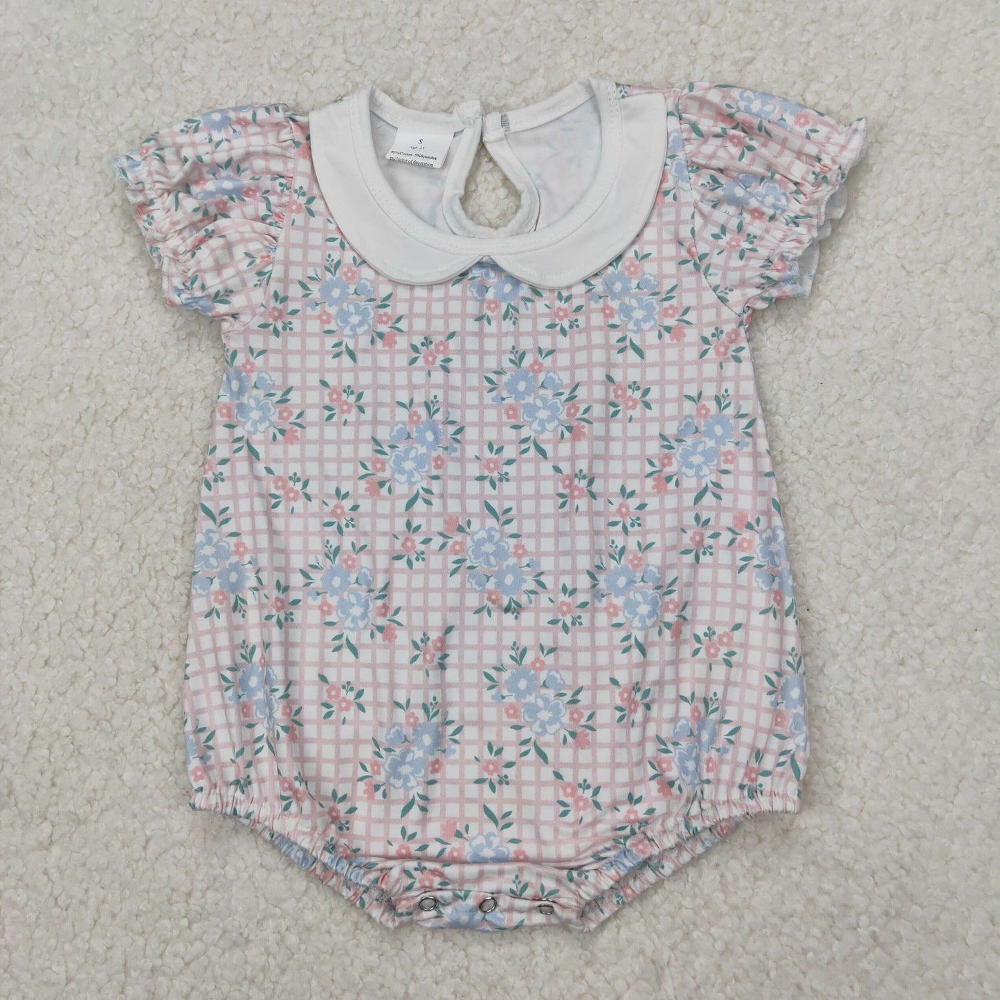 SR2878 Baby puff sleeve flower pink checkered romper