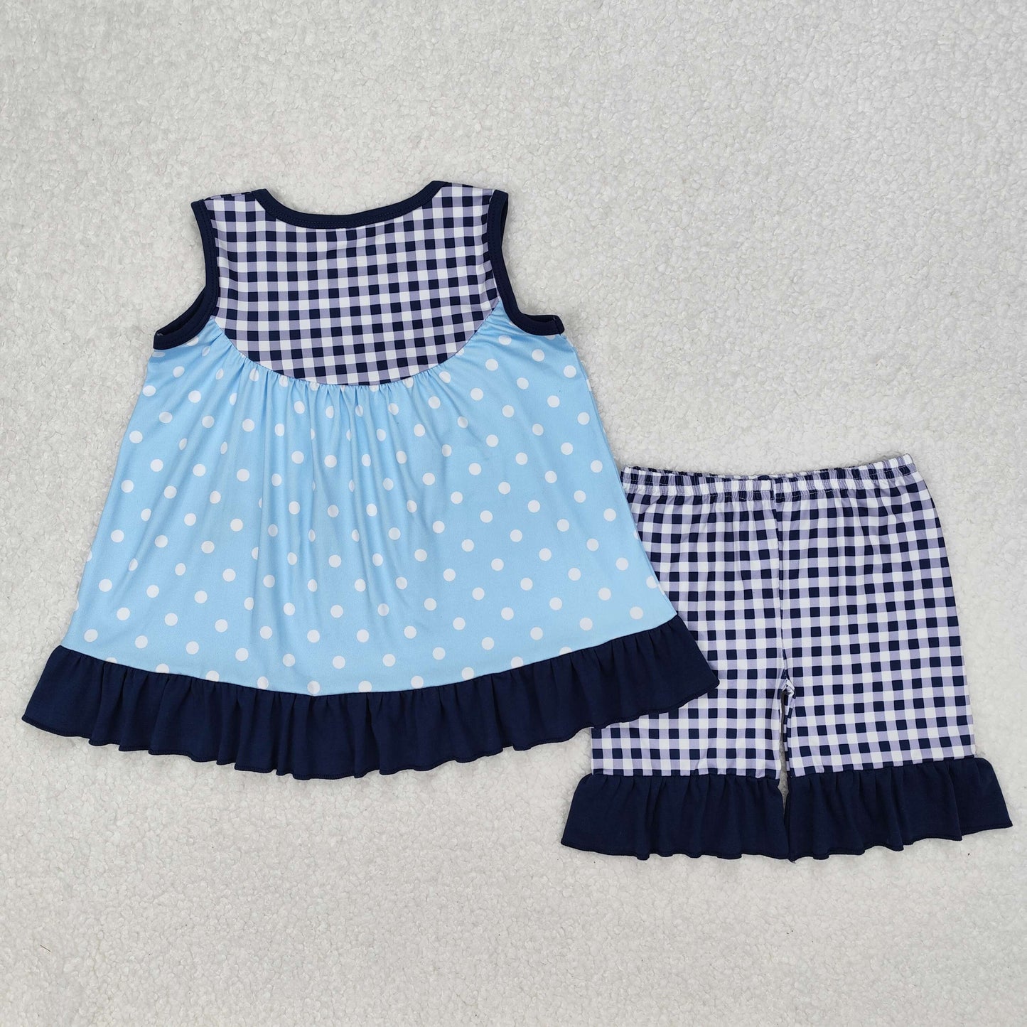 GSSO2124 girls blue cartoon dog checkered navy shorts outfits