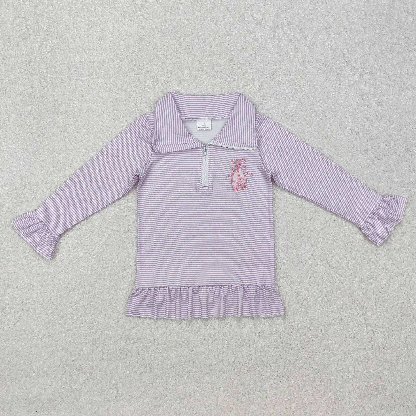 GT0887 Girls purple stripe shirt bow Top Long Sleeve embroidery