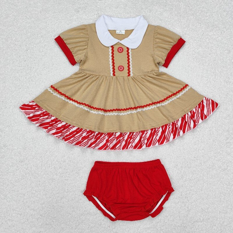 Matching Baby grils Doll collar stripe lace Brown short sleeve red clothing
