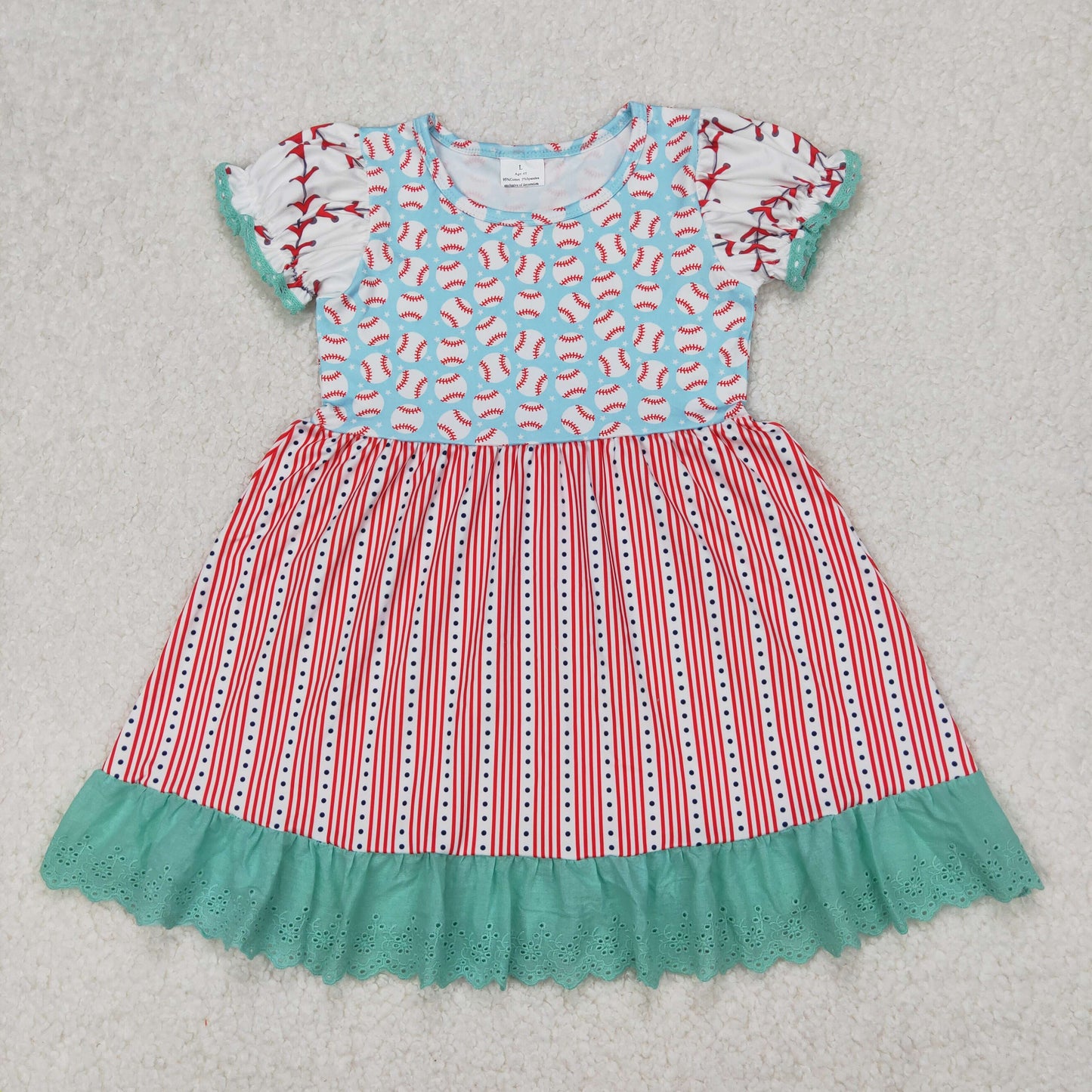 GSD1749 baby girls puff sleeve baseball red blue stripe floral Dress