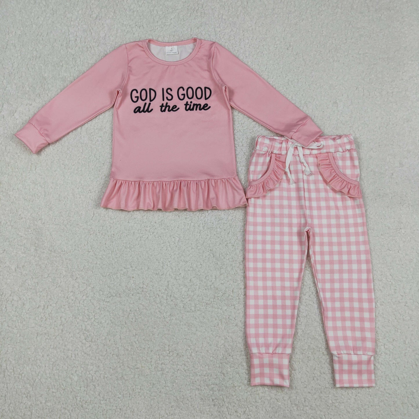 GLP3038 baby girls GOD IS DOOD long sleeves pink checkered outfits