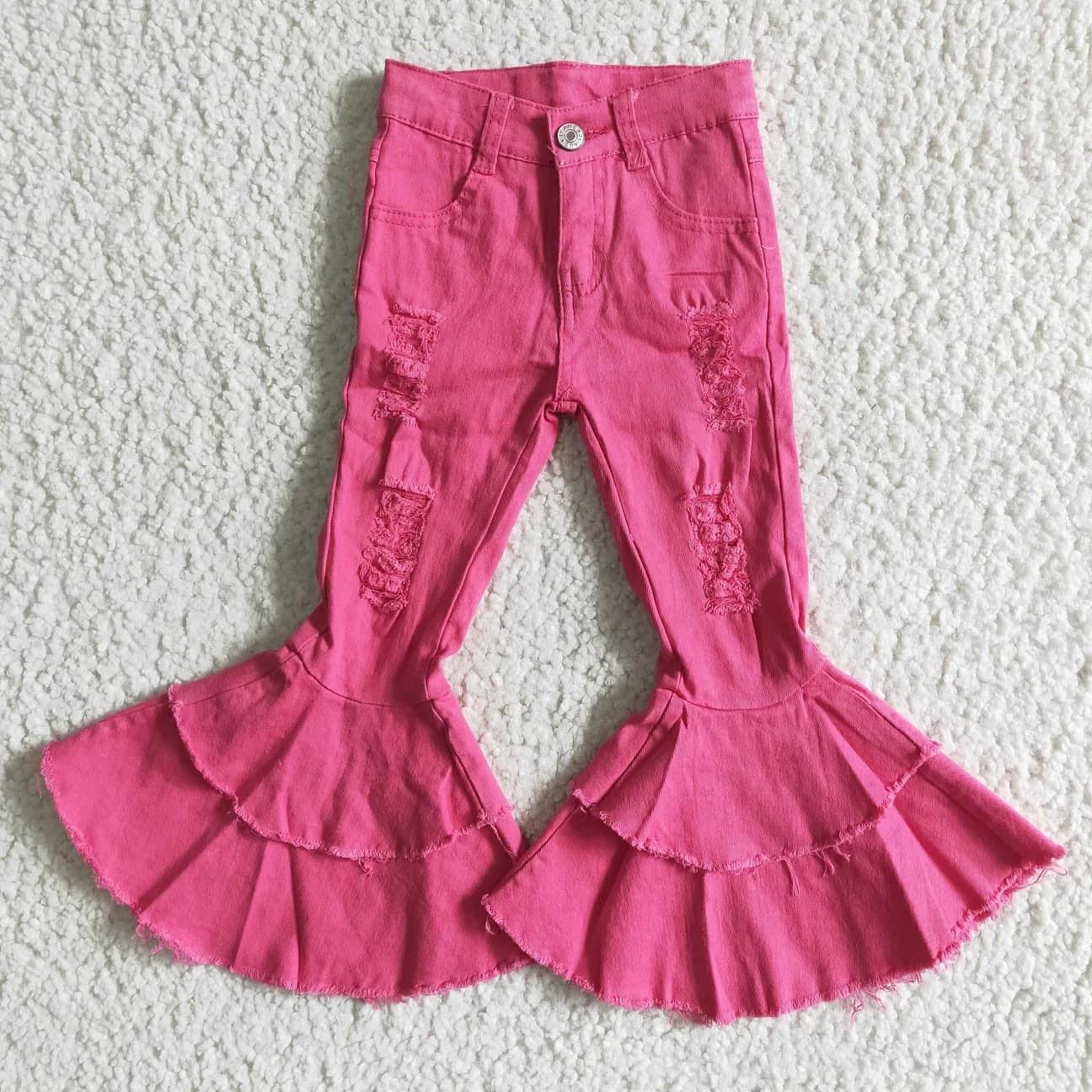 D14-14 Girls Hot Pink Ruffled Jeans Bell Bottom Pants