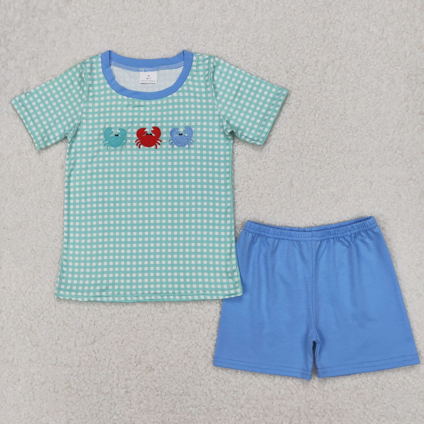 BSSO1279 Boys green checkered blue shorts outfits embroidery
