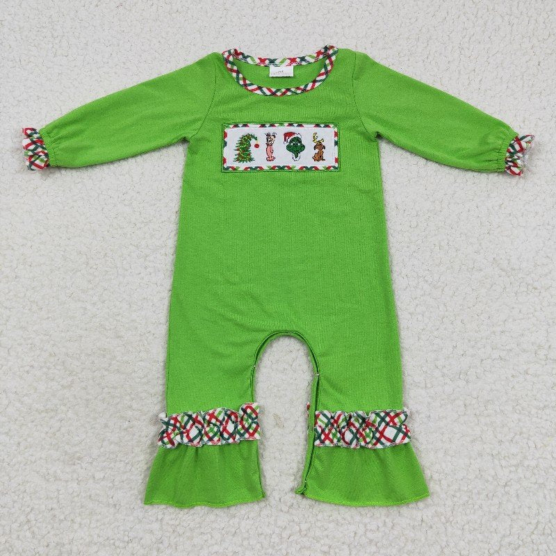 Matching Baby girls boys Christmas cartoon green romper outfits long sleeves embroidery