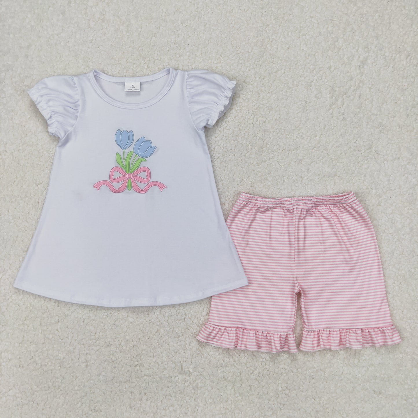 GSSO2275 baby girls white puff sleeve flower pink shorts outfits embroidery