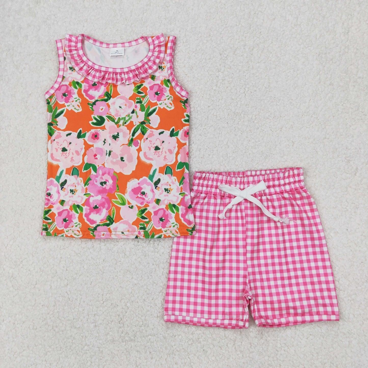 GSSO2413 baby girls sleeveless flower pink checkered shorts outfits
