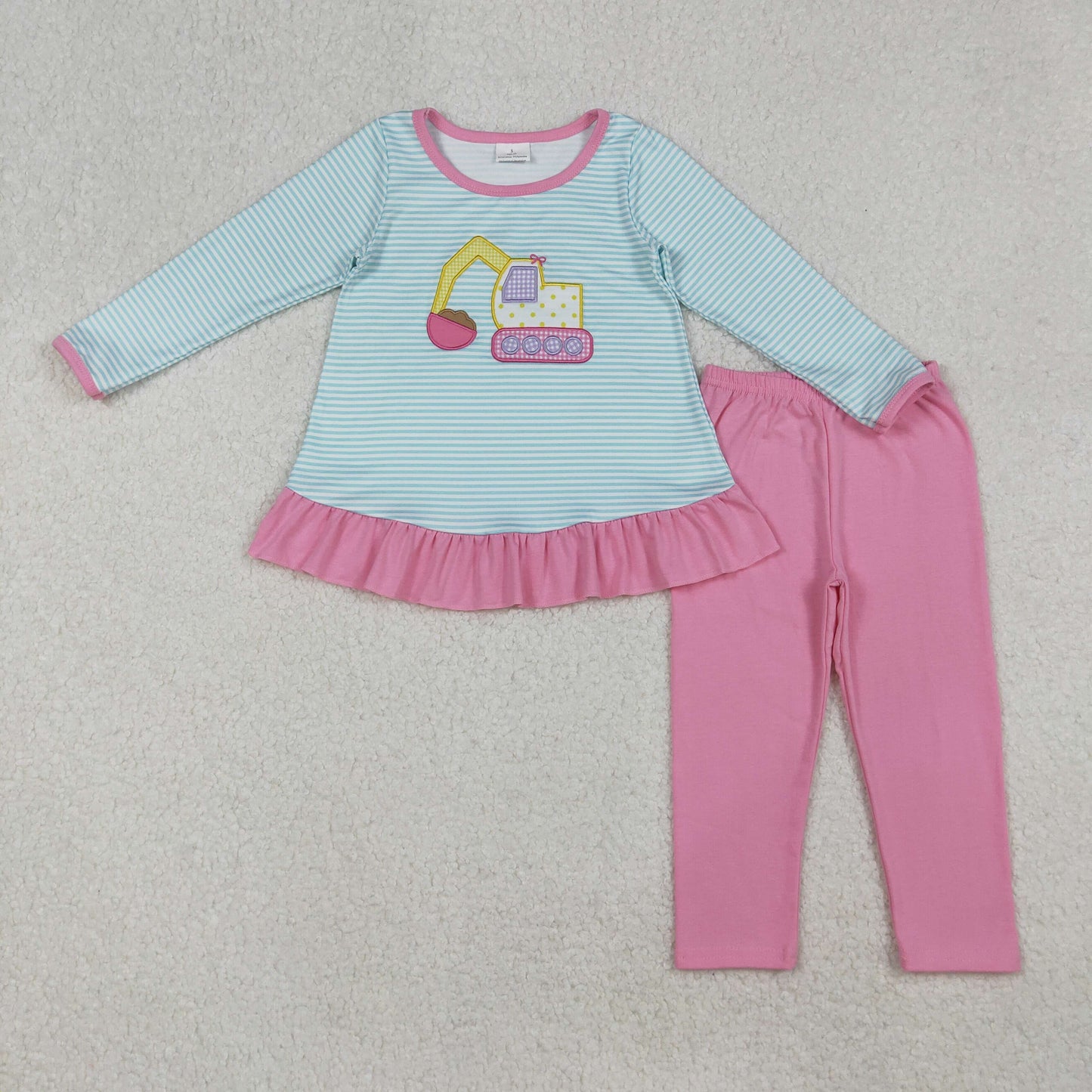 GLP2466 baby Girls blue stripe Excavator pink long pant outfits embroidery