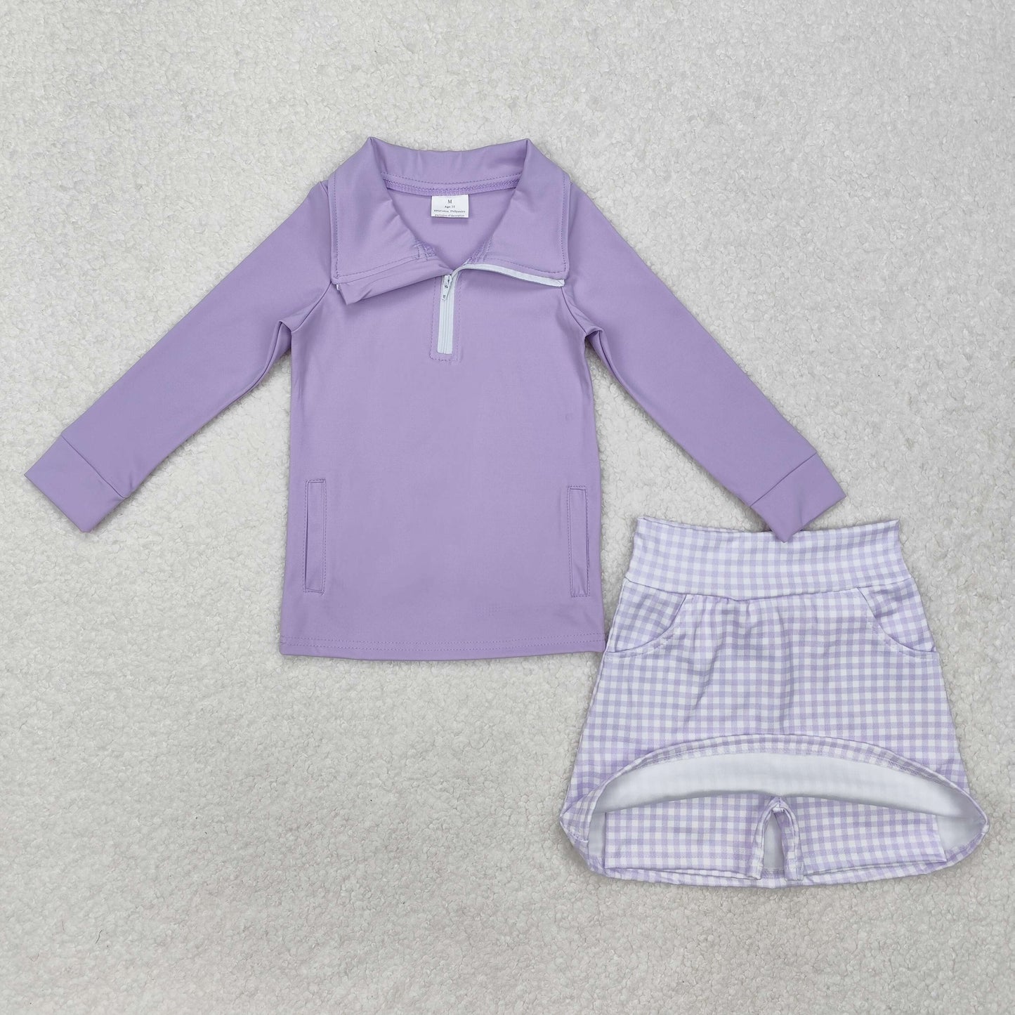 GLD0985 Girls purple pocket zipper shirt skirt Outfits