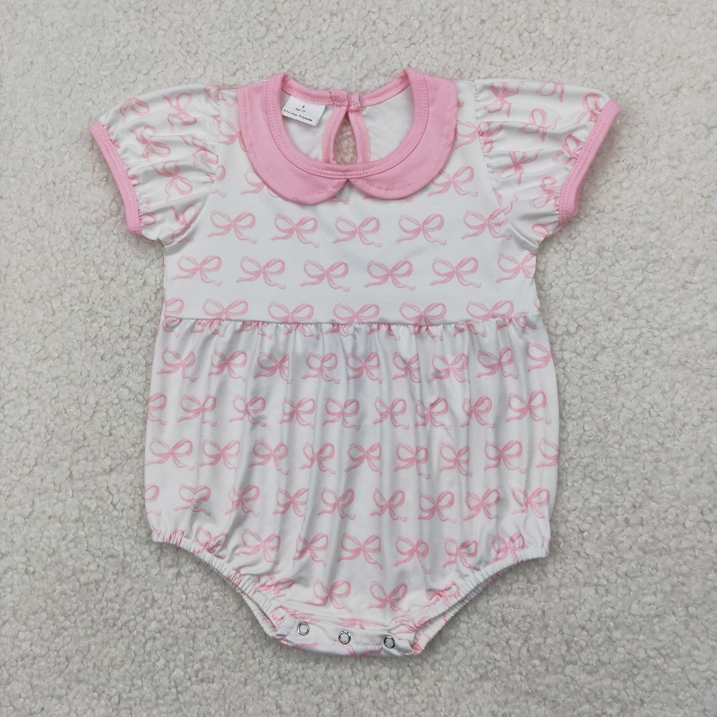 SR2893 Baby girls pink doll collar short sleeve bow romper
