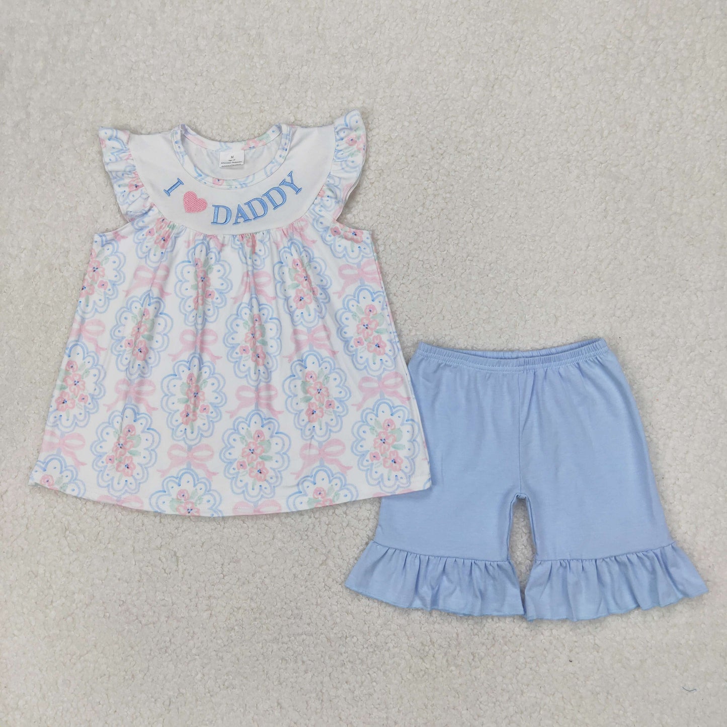 GSSO2407 baby girls I LOVE DADDY blue shorts outfits embroidery