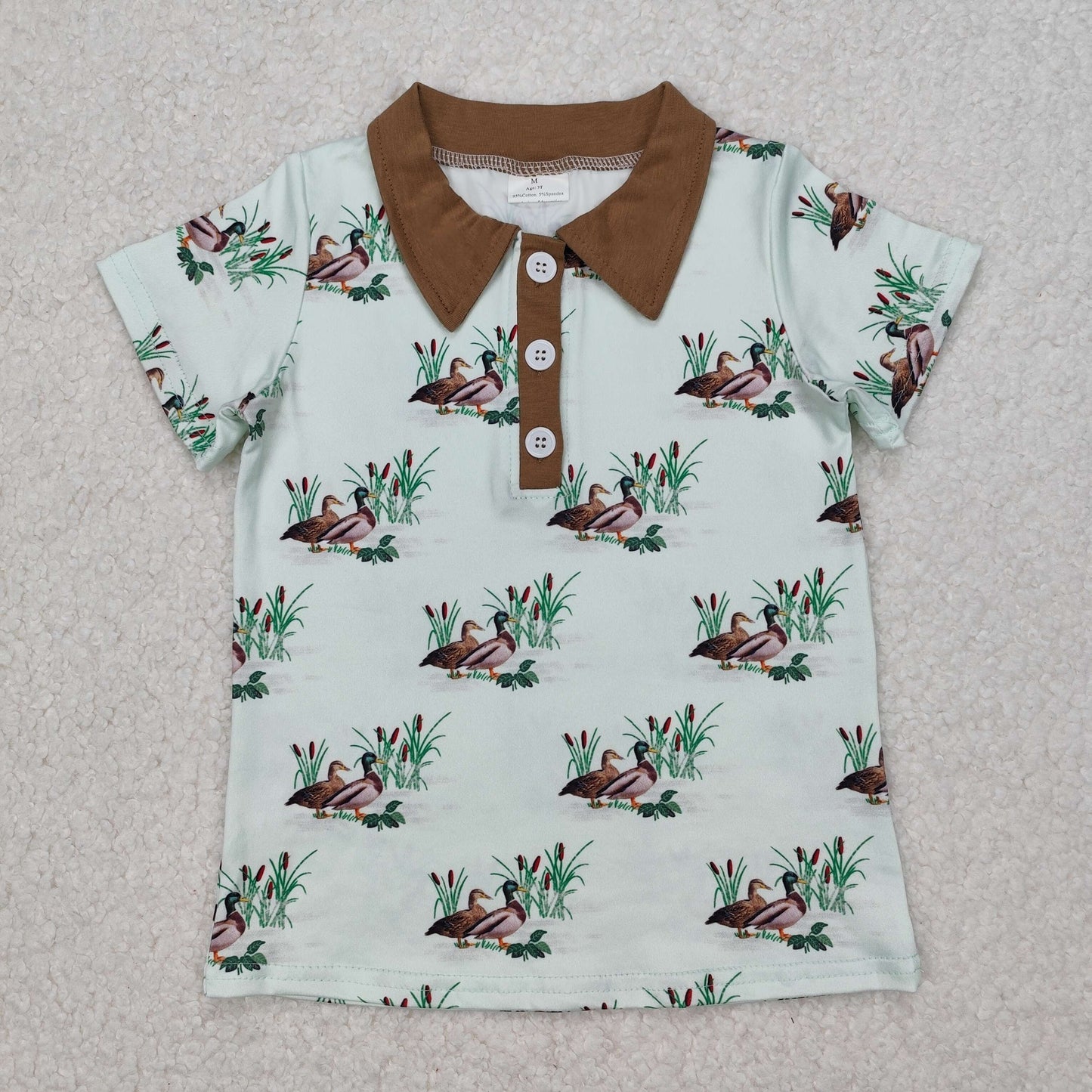 BT1174 baby boys duck button short sleeves green brown shirt top